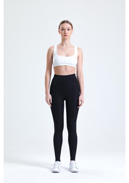 Siyah Yüksek Bel Sıkılaştırıcı Toparlayıcı Dalgıç Kumaş Spor Günlük Tayt