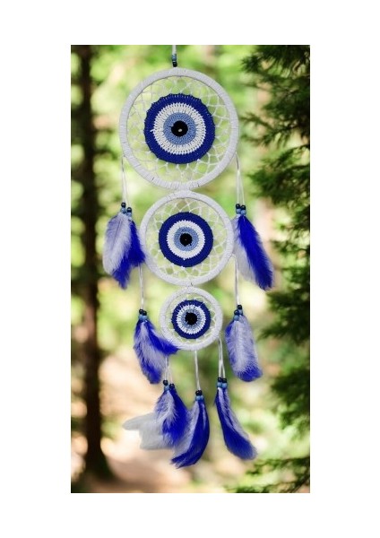 Nazar Motifli Üç Çemberli Kuş Tüylü Beyaz Duvar Süsü modelleri