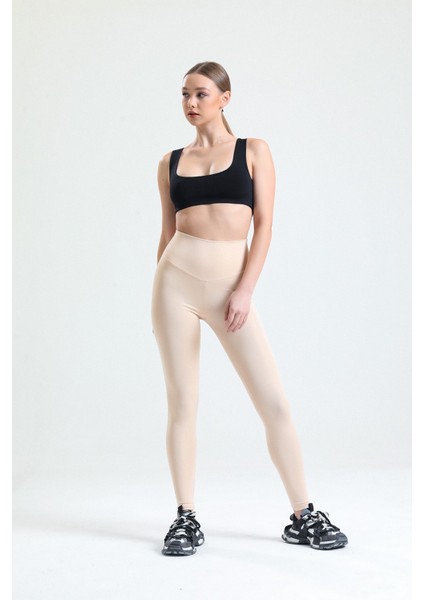 Ekru Yüksek Bel Toparlayıcı Dalgıç Kumaş Spor Günlük Tayt