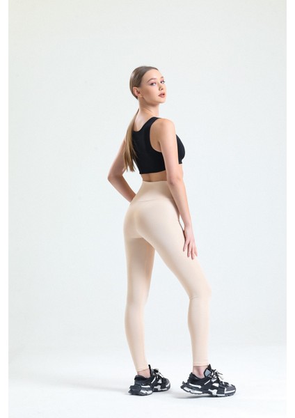 Ekru Yüksek Bel Toparlayıcı Dalgıç Kumaş Spor Günlük Tayt modelleri