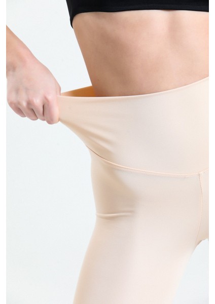 Ekru Yüksek Bel Toparlayıcı Dalgıç Kumaş Spor Günlük Tayt