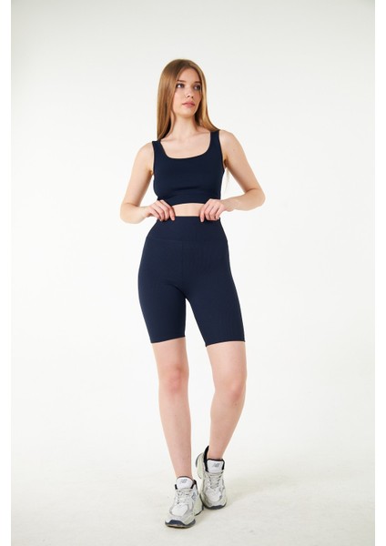 Lacivert Yüksek Bel Toparlayıcı Kısa Şort Spor Fitilli Biker Tayt fiyatları
