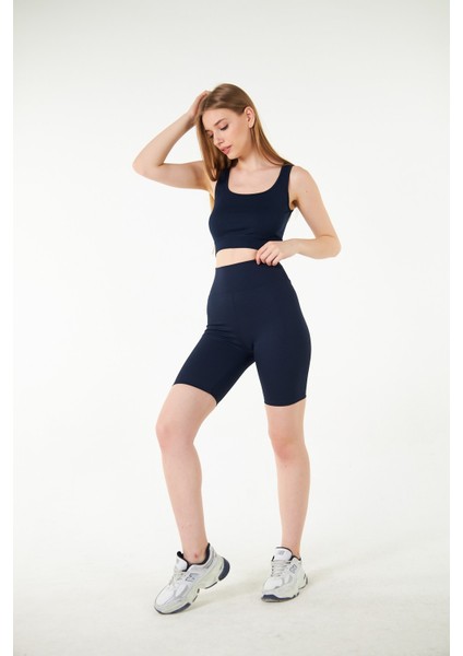 Lacivert Yüksek Bel Toparlayıcı Kısa Şort Spor Fitilli Biker Tayt fırsatları