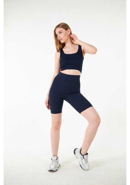 Lacivert Yüksek Bel Toparlayıcı Kısa Şort Spor Fitilli Biker Tayt indirimleri