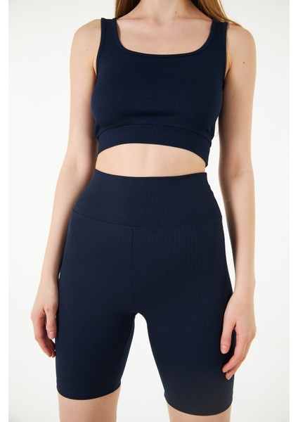 Lacivert Yüksek Bel Toparlayıcı Kısa Şort Spor Fitilli Biker Tayt