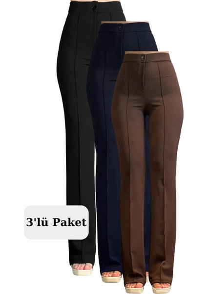 Krep Kumaş Likralı Kadın Palazzo Pantolon 3'lü Set