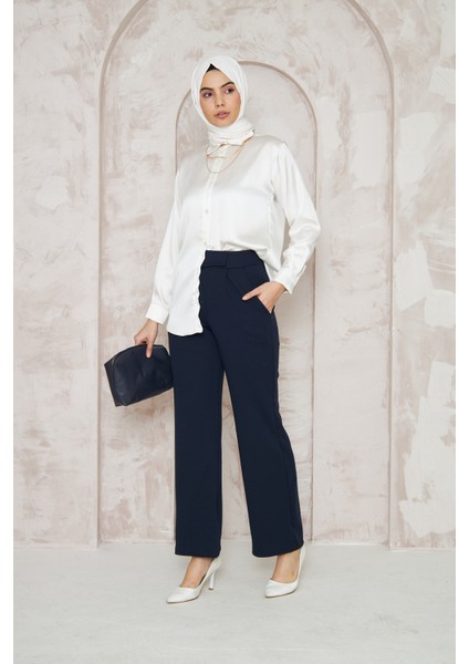 Kadın Likralı Cırt Kapama Lacivert Geniş Paçalı Rahat Pantolon