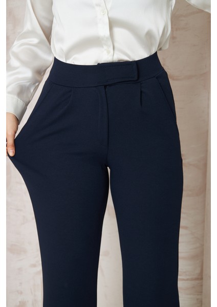 Kadın Likralı Cırt Kapama Lacivert Geniş Paçalı Rahat Pantolon modelleri