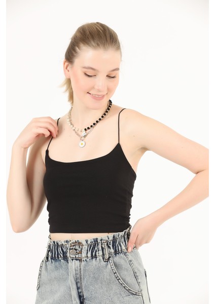 Siyah Ip Askılı Pamuklu Crop Büstiyer Atlet