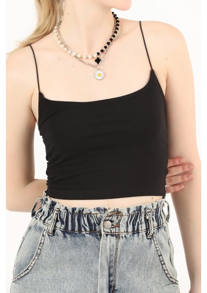 Siyah Ip Askılı Pamuklu Crop Büstiyer Atlet fiyatları