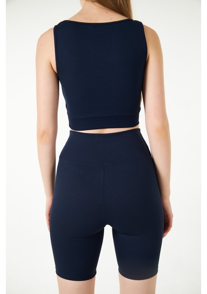 Lacivert Yüksek Bel Toparlayıcı Kısa Şort Spor Fitilli Biker Tayt