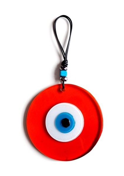 Mavi Nazar Boncuklu El Yapımı Deri İpli Turuncu Renk Şeffaf Cam Duvar Süsü