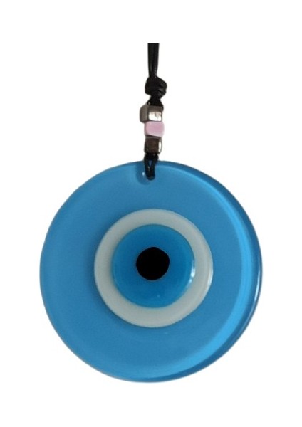 Nazar Boncuklu Deri İpli Bebe Mavisi Renginde Cam Duvar Süsü