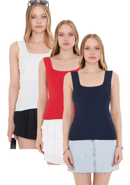 Kadın Kolsuz Kalın Askılı Ince Yazlık Kare Yaka Triko Atlet 3'lü Set