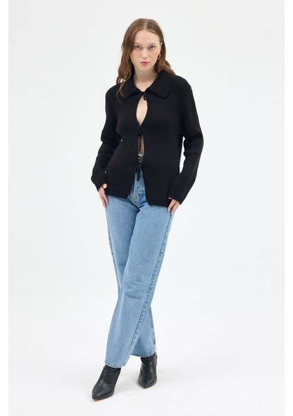 Siyah Kadın Bağlamalı Polo Yaka Triko Hırka 7095 fiyatları