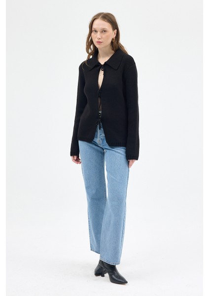 Siyah Kadın Bağlamalı Polo Yaka Triko Hırka 7095 fırsatları