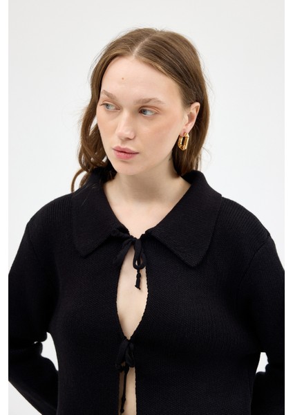 Siyah Kadın Bağlamalı Polo Yaka Triko Hırka 7095 indirimleri