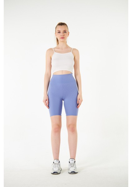 Mavi Yüksek Bel Toparlayıcı Kısa Şort Spor Fitilli Biker Tayt