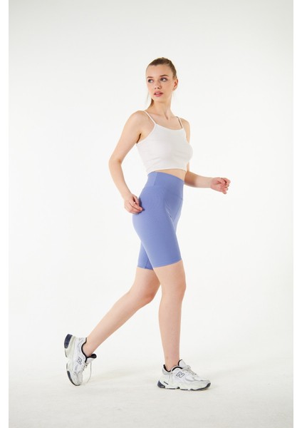 Mavi Yüksek Bel Toparlayıcı Kısa Şort Spor Fitilli Biker Tayt modelleri