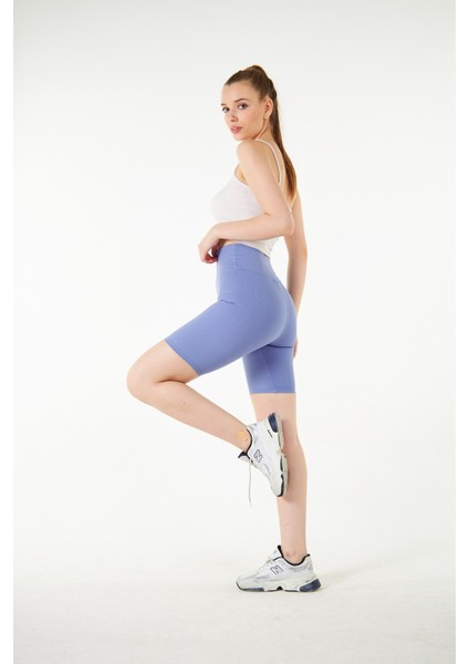 Mavi Yüksek Bel Toparlayıcı Kısa Şort Spor Fitilli Biker Tayt fırsatları