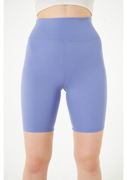 Mavi Yüksek Bel Toparlayıcı Kısa Şort Spor Fitilli Biker Tayt indirimleri