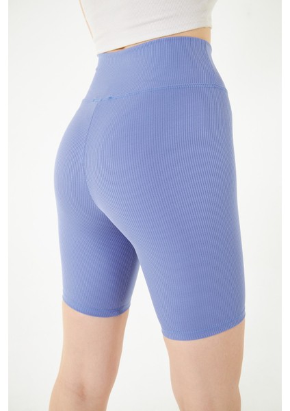 Mavi Yüksek Bel Toparlayıcı Kısa Şort Spor Fitilli Biker Tayt