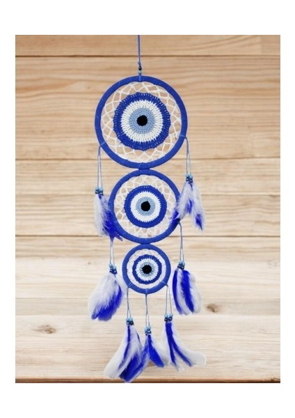 Nazar Motifli Üç Çemberli Kuş Tüylü Mavi Duvar Süsü fırsatları