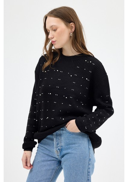 Siyah Kadın Taş İşleme Detaylı Bisiklet Yaka Triko Kazak 7045 fiyatları