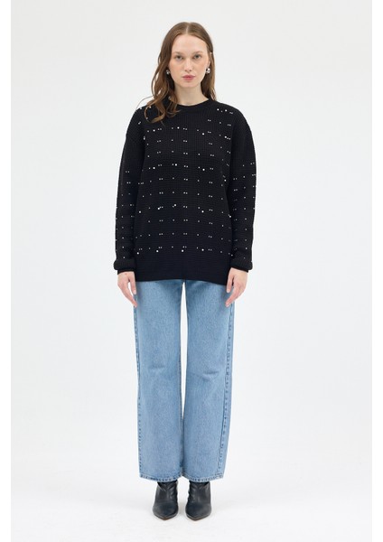 Siyah Kadın Taş İşleme Detaylı Bisiklet Yaka Triko Kazak 7045 modelleri