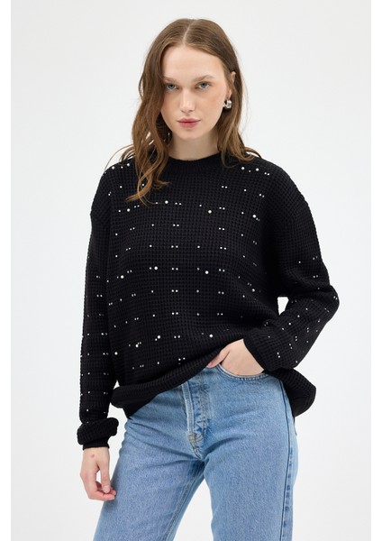 Siyah Kadın Taş İşleme Detaylı Bisiklet Yaka Triko Kazak 7045 fırsatları