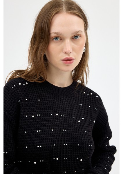 Siyah Kadın Taş İşleme Detaylı Bisiklet Yaka Triko Kazak 7045 indirimleri