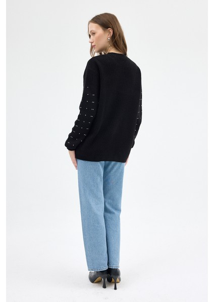 Siyah Kadın Taş İşleme Detaylı Bisiklet Yaka Triko Kazak 7045