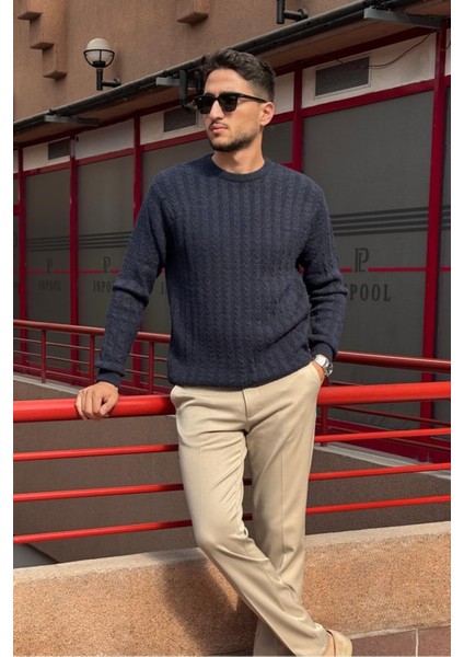 Erkek, Old Money Culture, Saç Örgü, Yün Karışımlı, Bisiklet Yaka Kazak PLTK10