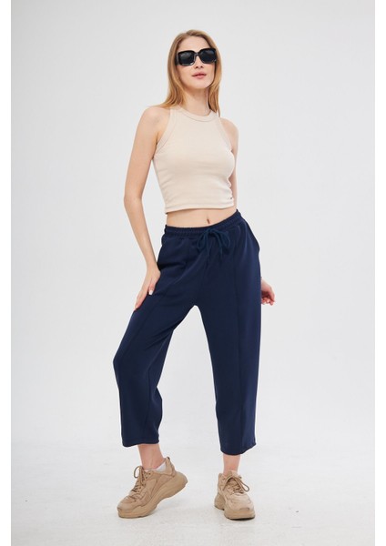 Lacivert Ultra Yumuşak, Dikiş Detaylı Havuç Kesim Bağcıklı Lastikli Bilek Boy Kadın Modal Pantolon modelleri