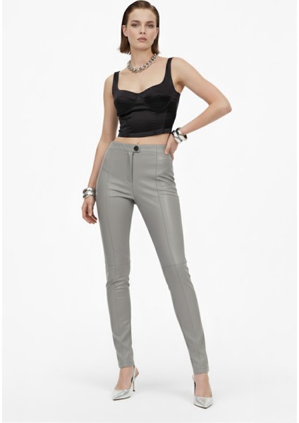 Gri Kadın Streç Deri Pantolon