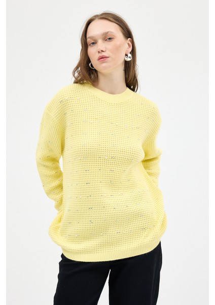 Sarı Kadın Taş İşleme Detaylı Bisiklet Yaka Triko Kazak 7045 fiyatları