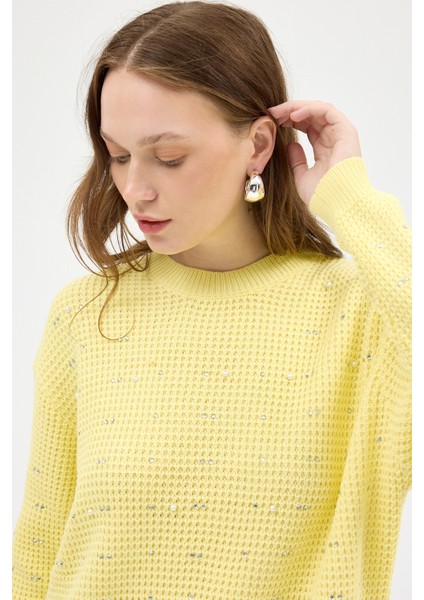 Sarı Kadın Taş İşleme Detaylı Bisiklet Yaka Triko Kazak 7045 indirimleri