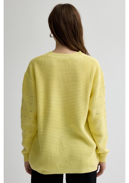 Sarı Kadın Taş İşleme Detaylı Bisiklet Yaka Triko Kazak 7045