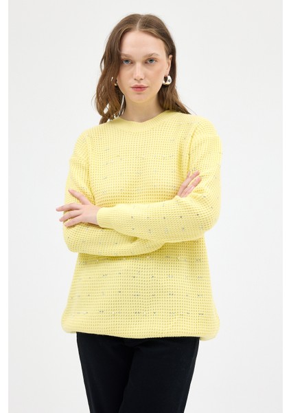 Sarı Kadın Taş İşleme Detaylı Bisiklet Yaka Triko Kazak 7045