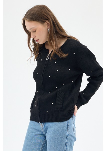 Siyah Kadın Fermuarlı Taş Detaylı Triko Hırka 6405 fiyatları