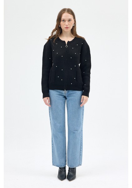 Siyah Kadın Fermuarlı Taş Detaylı Triko Hırka 6405 modelleri