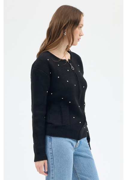 Siyah Kadın Fermuarlı Taş Detaylı Triko Hırka 6405 fırsatları