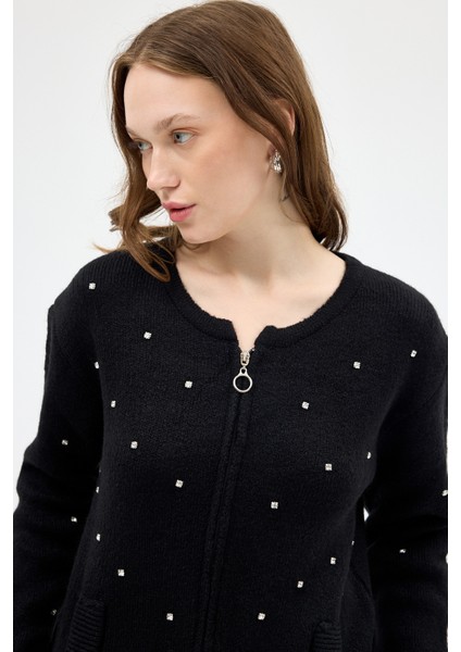 Siyah Kadın Fermuarlı Taş Detaylı Triko Hırka 6405 indirimleri