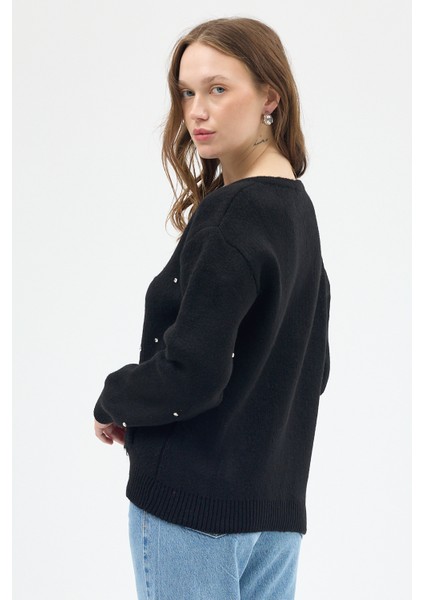 Siyah Kadın Fermuarlı Taş Detaylı Triko Hırka 6405