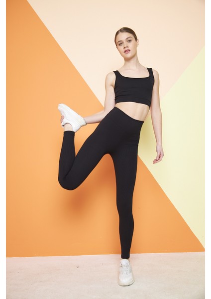 Siyah Yüksek Bel Fitilli Toparlayıcı Interlok Örme Şardonlu Spor Kışlık Tayt modelleri