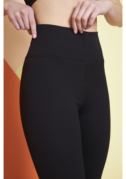 Siyah Yüksek Bel Fitilli Toparlayıcı Interlok Örme Şardonlu Spor Kışlık Tayt fırsatları