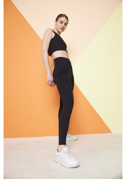 Siyah Yüksek Bel Fitilli Toparlayıcı Interlok Örme Şardonlu Spor Kışlık Tayt