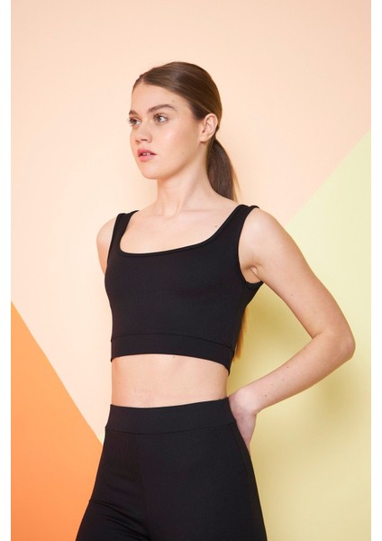 Siyah Fitilli Kare Yaka Esnek Örme Crop Büstiyer Atlet modelleri
