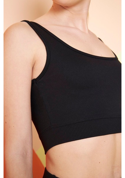 Siyah Fitilli Kare Yaka Esnek Örme Crop Büstiyer Atlet indirimleri
