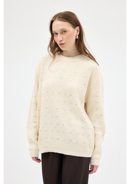 Natural Kadın Taş İşleme Detaylı Bisiklet Yaka Triko Kazak 7045